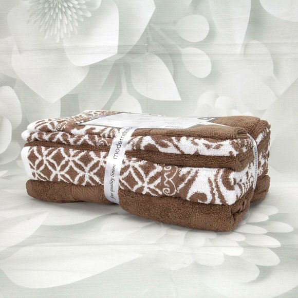 Modernthreads Designer Trefoil Brown/White 6 Piece Towel Set - Picture 2 of 11